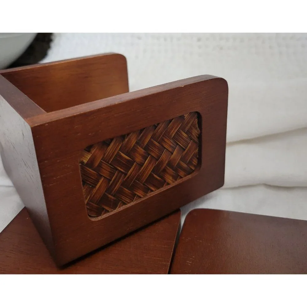 Coasters w/Caddy Vintage Set of 6 Wood Wicker Bamboo Teak 1970s barware GUC